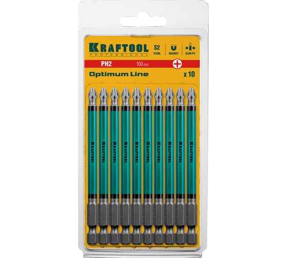 Биты KRAFTOOL Optimum Line PH2, 100 мм, E 1/4", 10 шт 26122-2-100-10