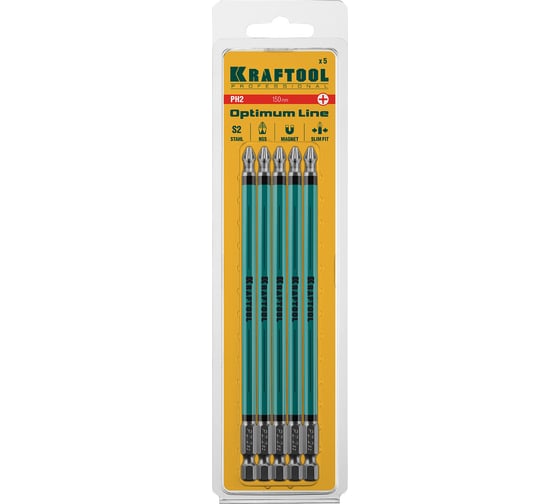 Биты KRAFTOOL Optimum в блистере E 1/4 (PН2, 150 мм, 5 шт.) 26122-2-150-5