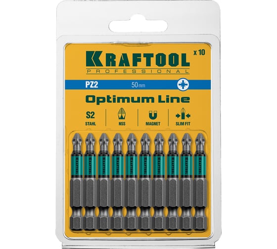Биты профессиональные KRAFTOOL Optimum Line PZ2, 50 мм, хвостовик E 1/4", 10 шт в блистере 26124-2-50-10