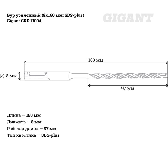 Бур усиленный SDS-plus (8х160 мм) Gigant GRD 11004
