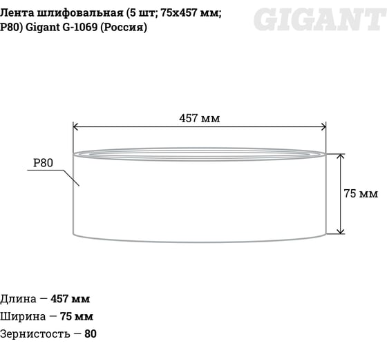Лента шлифовальная (5 шт; 75x457 мм; P80) Gigant G-1069 (Россия)