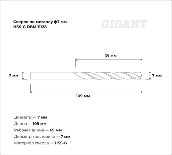 Сверло по металлу HSS-G (7х109х69 мм) Gigant DBM 11128