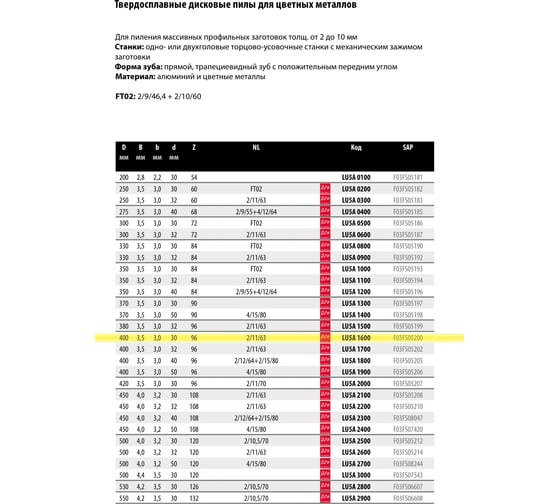 Пильный диск по алюминию 400x3.5x30 мм, Z96 Freud Lu5A 1600