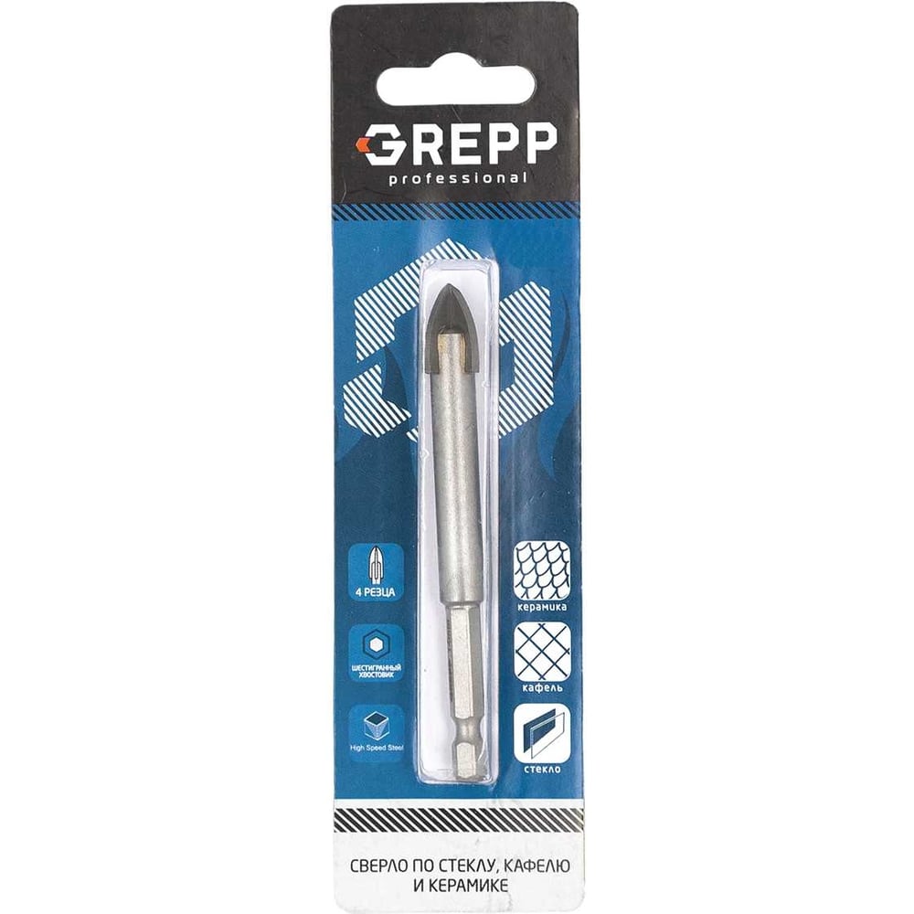 Сверло по кафелю и стеклу копьевидное 6 мм, 4 резца, шестигранный ...
