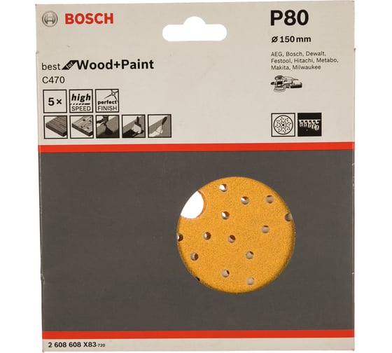 Круги шлифовальные по дереву и краске B.f.W+P Multihole (5 шт., 150 мм, K80) Bosch 2608608X83
