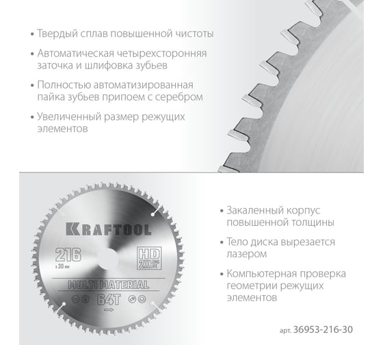 Пильный диск по алюминию KRAFTOOL Multi material 216x30 мм, 64Т 36953-216-30