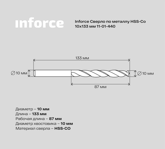 Сверло по металлу HSS-CO (10x133x87 мм) Inforce 11-01-440
