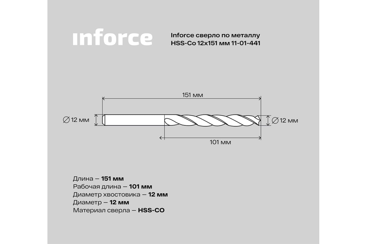 Сверло по металлу HSS-CO (12x151x101 мм) Inforce 11-01-441 - выгодная цена,  отзывы, характеристики, фото - купить в Москве и РФ