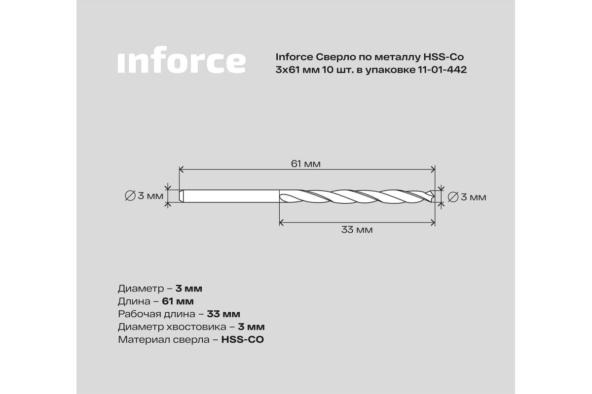 Сверло по металлу HSS-CO (10 шт/уп; 3x61x33 мм) Inforce 11-01-442 -  выгодная цена, отзывы, характеристики, фото - купить в Москве и РФ