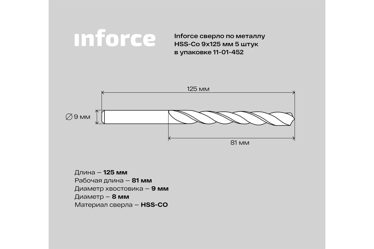 Сверло по металлу HSS-CO (5 шт/уп; 9x125x81 мм) Inforce 11-01-452 -  выгодная цена, отзывы, характеристики, фото - купить в Москве и РФ