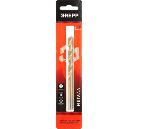 Сверло по металлу ТИТАН 9 мм, сталь НSS4241/HSS-TiN, угол заточки 118 Grepp 202-0901