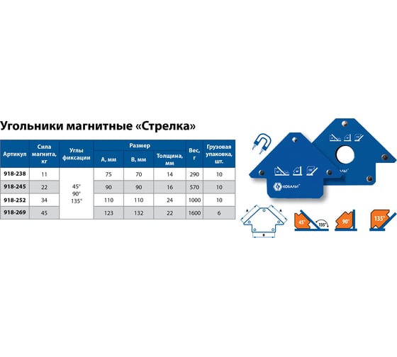 Угольник магнитный Стрелка (140 мм; 3 угла; до 45 кг) КОБАЛЬТ 918-269