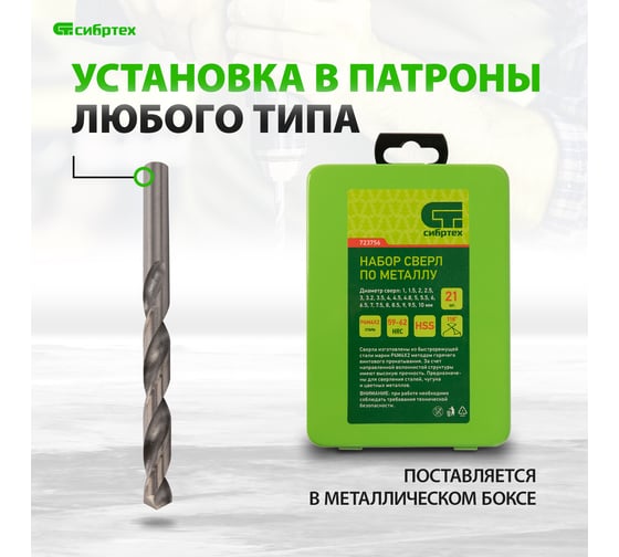 Набор сверл по металлу (1-10 мм; 21 шт.) СИБРТЕХ 723756
