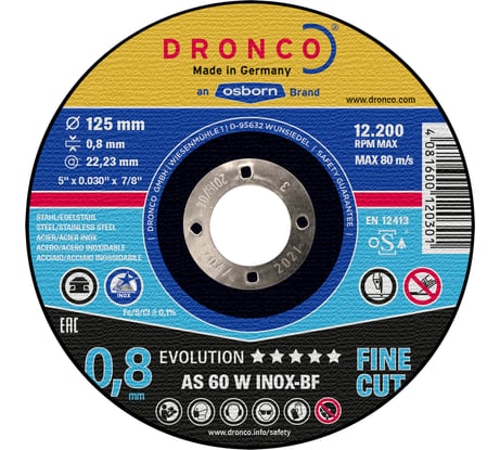 Диск отрезной по металлу Evolution AS 60 W BOX-10 (10 шт в жестяной коробке; 125x0.8x22.23 мм) DRONCO 6900841100