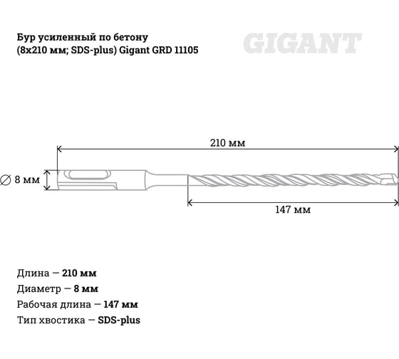 Бур усиленный по бетону SDS-plus (8x210 мм) Gigant GRD 11105