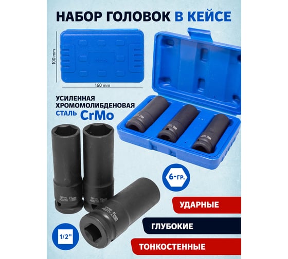 Набор ударных тонкостенных колесных головок (3 шт; 1/2" DR) в кейсе ROCKFORCE RF-4032TH(5294)