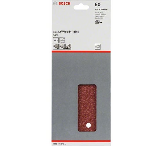 Шлифлист C430 Expert for Wood+Paint (115x280 мм; K60; 14 отв.; 10 шт.) Bosch 2608605342
