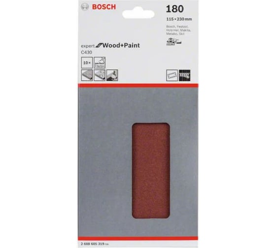 Шлифлист C430 Expert for Wood+Paint (115x230 мм; K180; 14 отв.; 10 шт.) Bosch 2608605319