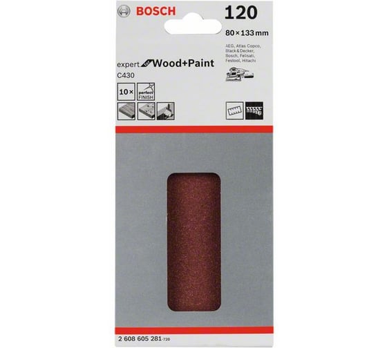 Шлифлист C430 Expert for Wood+Paint (80x133 мм; K120; 8 отв.; 10 шт.) Bosch 2608605281
