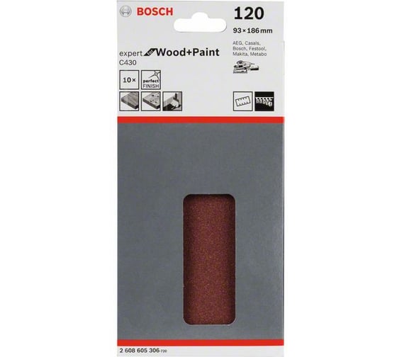 Шлифлист C430 Expert for Wood+Paint (93x186 мм; K120; 8 отв.; 10 шт.) Bosch 2608605306