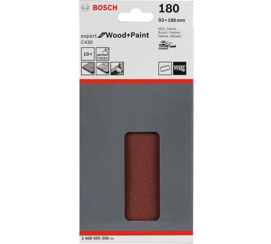 Шлифлист C430 Expert for Wood+Paint (93x186 мм; K180; 8 отв.; 10 шт.) Bosch 2608605308