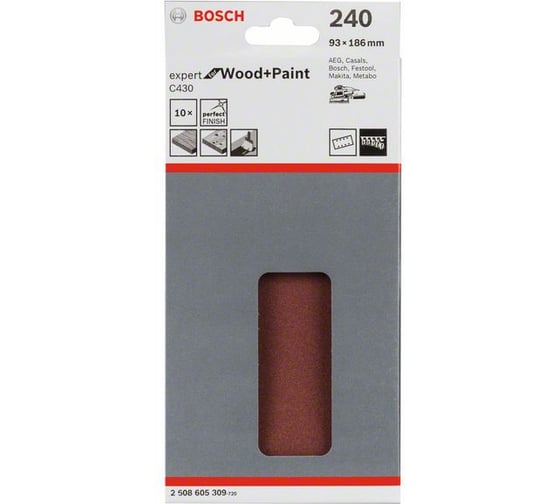 Шлифлист C430 Expert for Wood+Paint (93x186 мм; K240; 8 отв.; 10 шт.) Bosch 2608605309