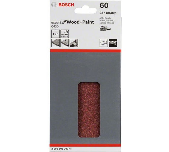 Шлифлист C430 Expert for Wood+Paint (93x186 мм; K60; 8 отв.; 10 шт.) Bosch 2608605303
