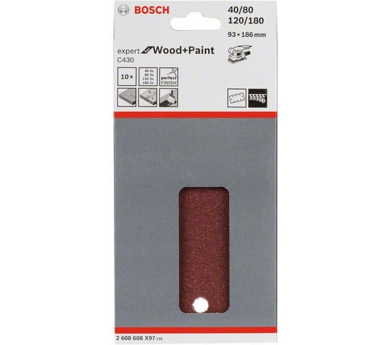 Шлифлист C430 Expert for Wood+Paint (93x186 мм; K40/80/120/180; 8 отв.; 10 шт.) Bosch 2608608X97 1