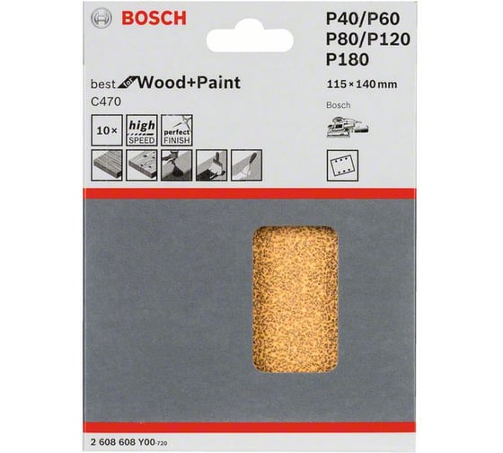Шлифлист C470 Expert for Wood+Paint (115x140 мм; K40/60/80/120/180; 10 шт.) Bosch 2608608Y00
