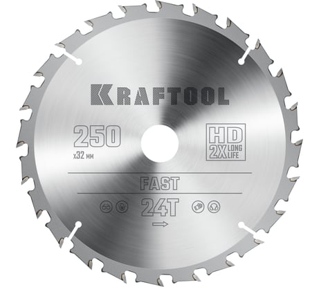 Диск пильный по дереву KRAFTOOL Fast 250x32 мм, 24Т 36950-250-32