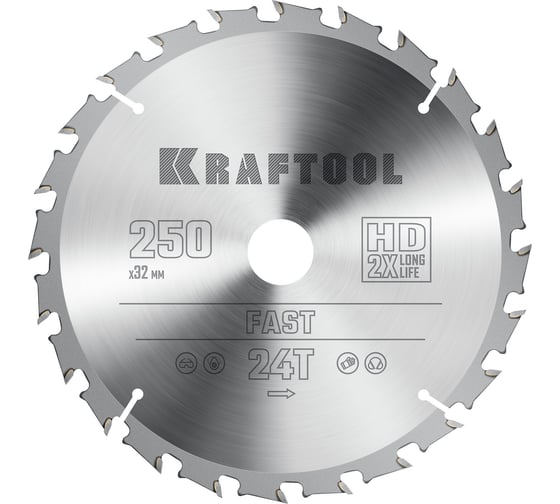 Диск пильный по дереву KRAFTOOL Fast 250x32 мм, 24Т 36950-250-32 1