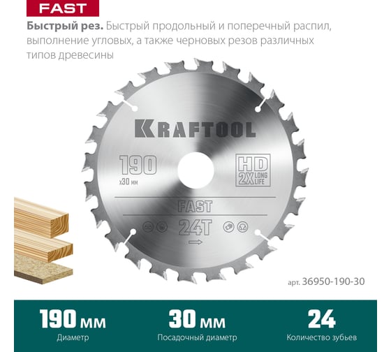 Диск пильный по дереву KRAFTOOL Fast 190x30 мм, 24Т 36950-190-30