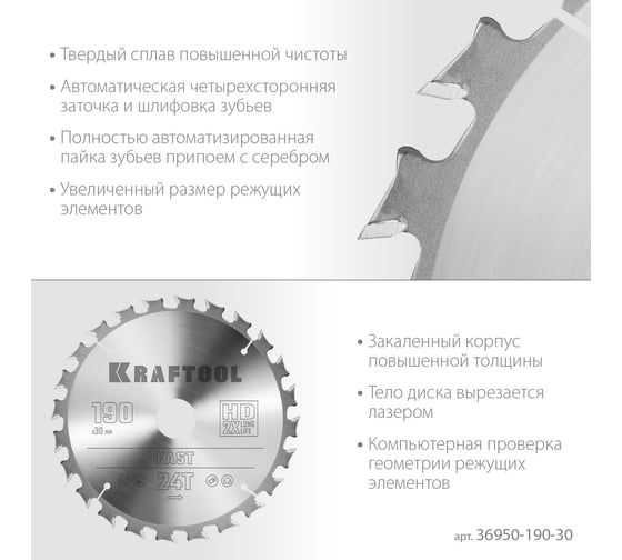 Диск пильный по дереву KRAFTOOL Fast 190x30 мм, 24Т 36950-190-30