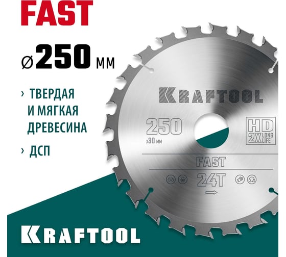Диск пильный по дереву KRAFTOOL Fast 250x30 мм, 24Т 36950-250-30