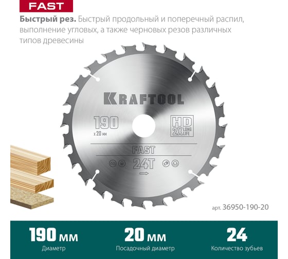 Диск пильный по дереву KRAFTOOL Fast 190x20 мм, 24Т 36950-190-20