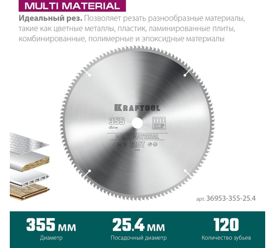 Диск пильный по алюминию KRAFTOOL Multi material 355x25.4 мм, 120Т 36953-355-25.4