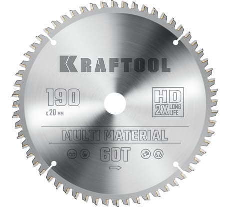 Диск пильный по алюминию KRAFTOOL Multi material 190x20 мм, 60Т 36953-190-20