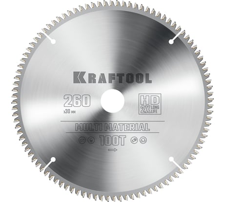 Диск пильный по алюминию KRAFTOOL Multi material 260x30 мм, 100Т 36953-260-30