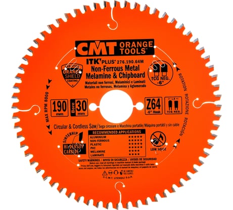 Диск пильный по алюминию (190x1.8/1.2x30 мм; Z64; TCG NEG -6) CMT 276.190.64M