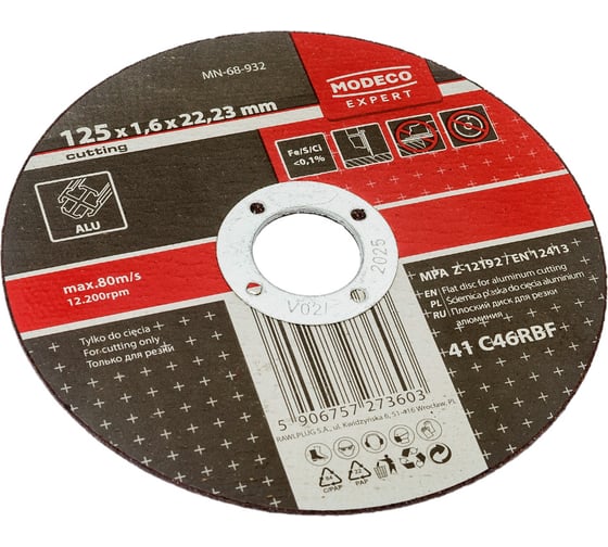 Диск для резки алюминия 125x1.6x22.23 мм, плоский MODECO MN-68-932