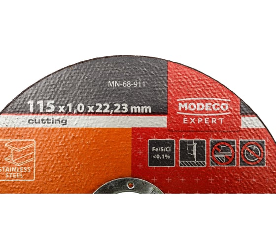 Диск для резки нержавеющей стали 115x1.0x22.23 мм, плоский MODECO MN-68-911