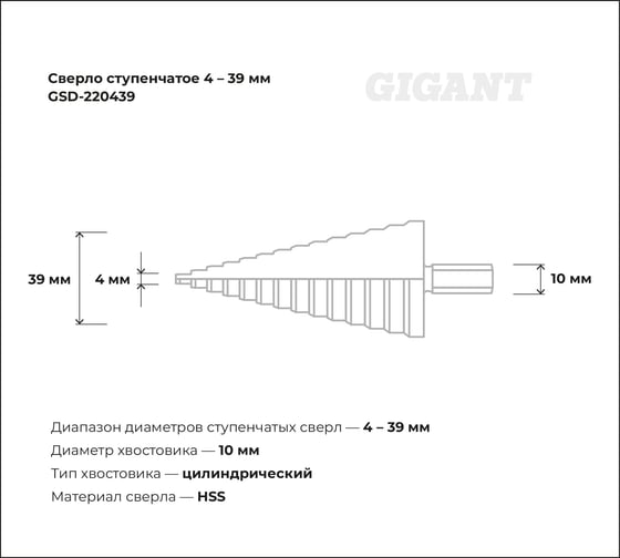 Ступенчатое сверло 4-39 мм Gigant GSD-220439