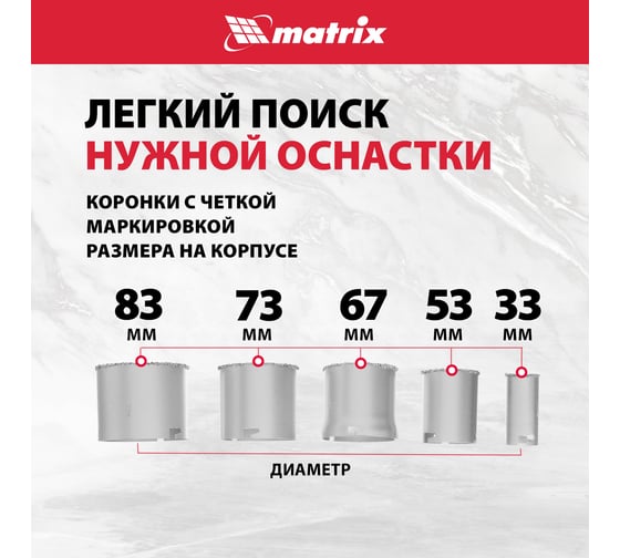 Набор коронок по керамической плитке (33-83 мм) + напильник MATRIX 72842
