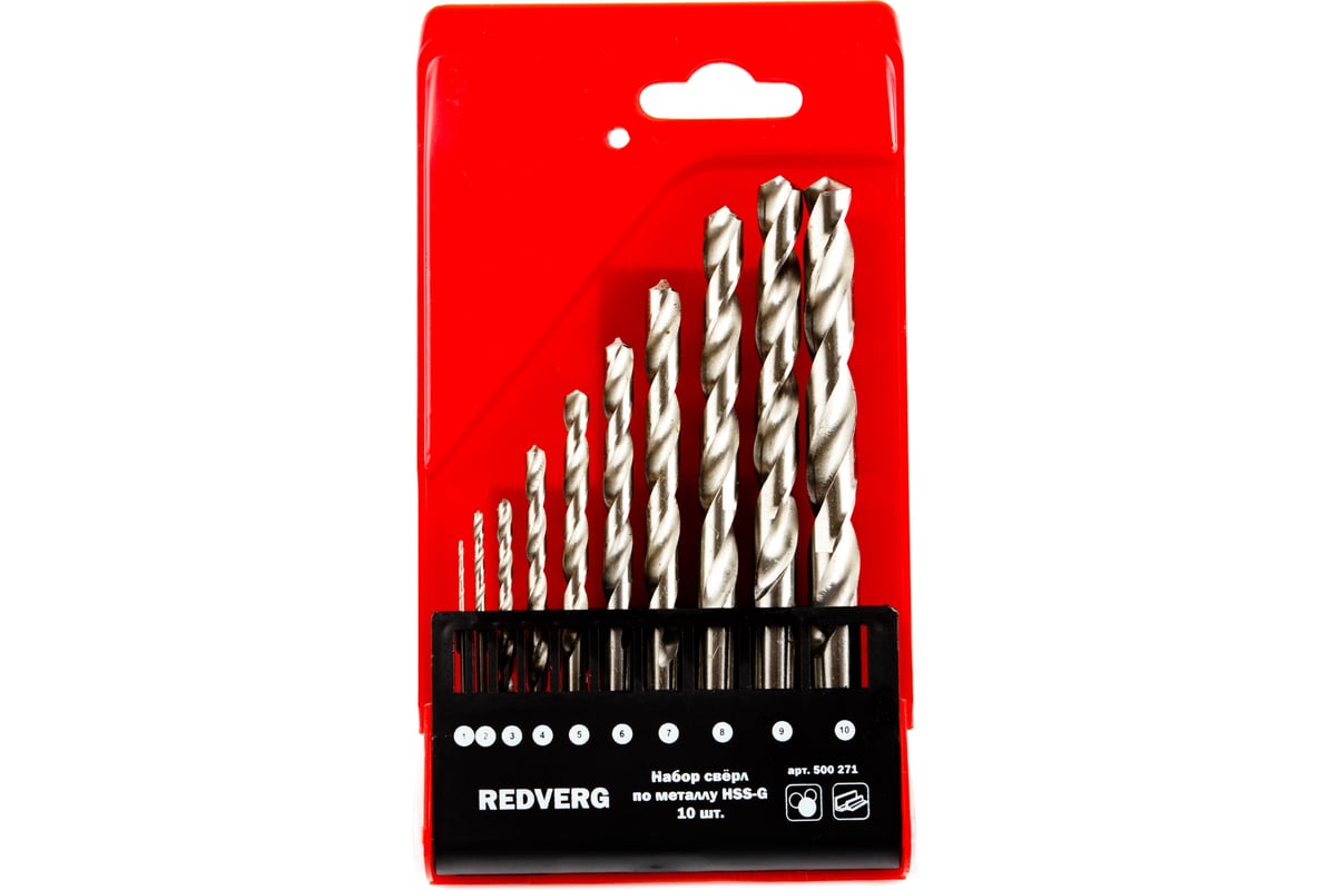Набор сверл по металлу HSS-G, 1-10 мм, 10 шт. REDVERG 6621063 ...