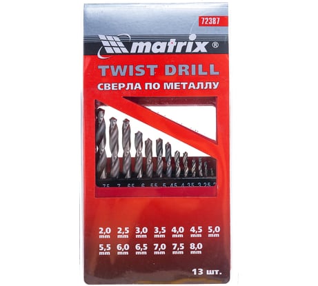 Набор сверл по металлу HSS (2-8 мм; 13 шт.) MATRIX метал. коробка цил. хвостовик 72387