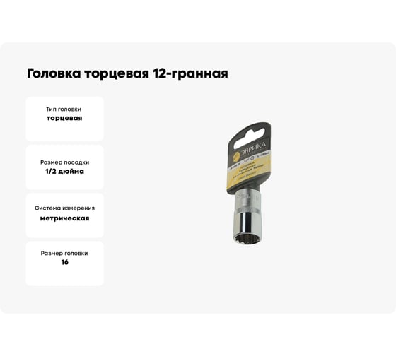 Головка торцевая 12-гранная (16 мм; 40 мм; 1/2") на держателе ЭВРИКА ER-91309-12H