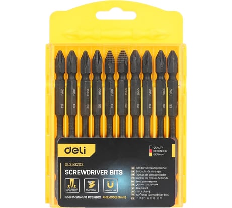 Набор двухсторонних торсионных бит для ударных шуруповертов DL253202 10 шт, PH2x100 мм, сталь S2, пласт. кейс DELI 130270