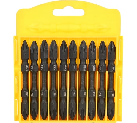 Набор двухсторонних торсионных бит для ударных шуруповертов DL252202 10 шт, PH2x65 мм, сталь S2, пласт. кейс DELI 130271