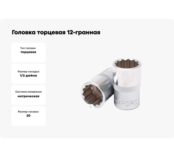 Головка торцевая 12-гранная 20 мм, 1/2", L=40 мм ROCKFORCE RF-54920(11704)