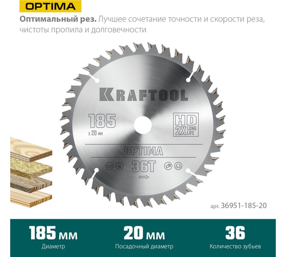 Диск пильный по дереву KRAFTOOL Optima 185x20 мм, 36Т 36951-185-20